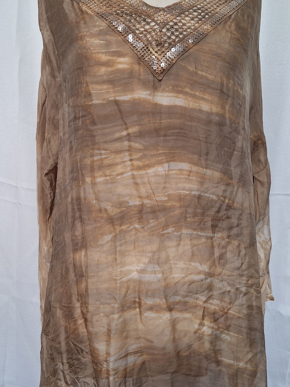 Belle France Silk Viscose V-Neck Beaded Tunic Blouse Sz L brown beige abstract